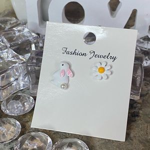 White Pink Faux Pearl Flower Rabbit Girls Earrings